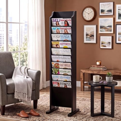 Solid Wood Magazine Rack Floor Stand Black 11x12x49 Inches - Sintuff