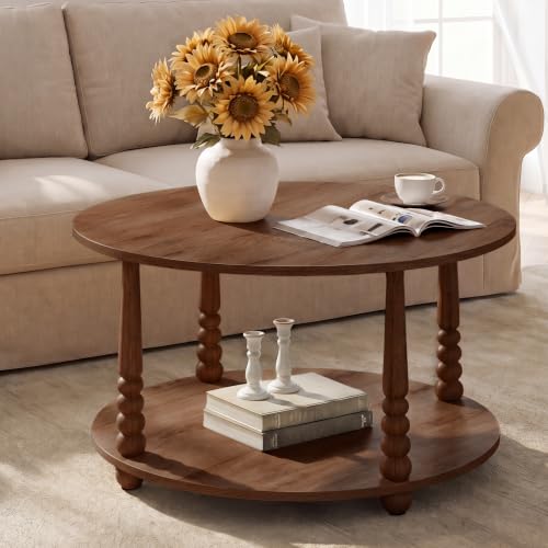 VASAGLE 2-Tier Round Coffee Table with Storage - Chestnut Brown