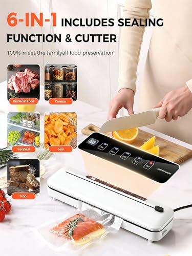 Vacuum Sealer Machine 75KPa 6-in-1 Dry Moist Modes Digital Timer White