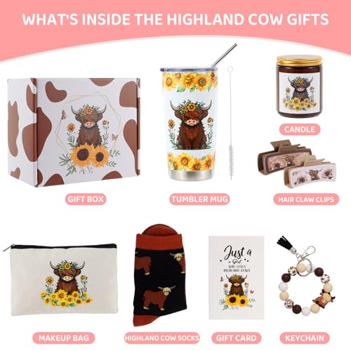 Highland Cow Gift Set with Tumbler Mug Makeup Bag Socks Keychain & Clips