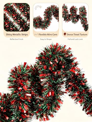 Red & Green Christmas Tinsel Garland 6.56 Ft Flexible Holiday Decor
