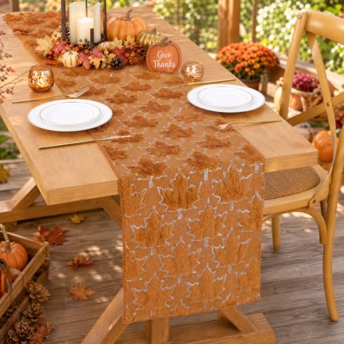 Maple Leaf Faux Fur Table Runner 13x72 Inch Fall Thanksgiving Decor - QueenDream