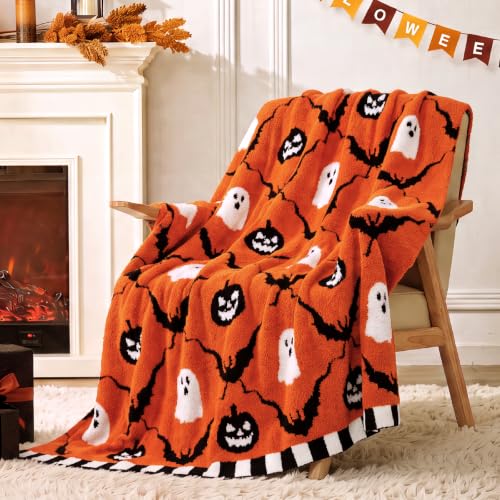 Halloween Orange Pumpkin Bat Plaid Throw Blanket - 50x60 Inches, Ultra Soft & Cozy