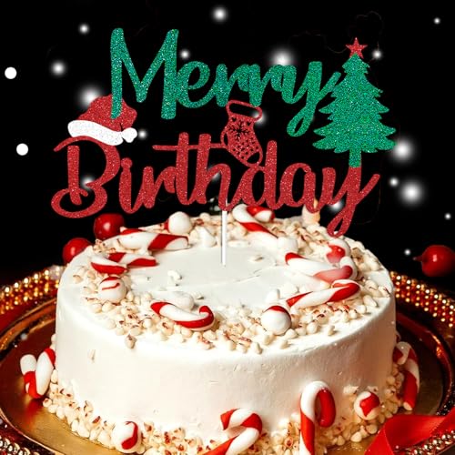 Christmas Cake Topper - Merry Birthday Decorations with Red & Green Glitter