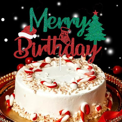 Christmas Cake Topper - Merry Birthday Decorations with Red & Green Glitter