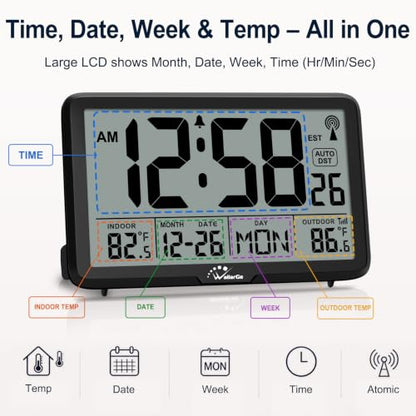 WallarGe Atomic Wall Clock with Backlit Indoor Outdoor Temperature