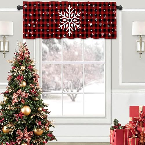 Snowflake Christmas Valance Curtain for Kitchen Window - Red Black Buffalo Check Plaid - 18x54 Inch - Pack of 1