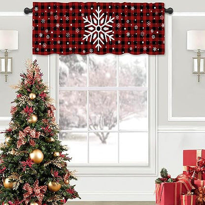 Snowflake Christmas Valance Curtain for Kitchen Window - Red Black Buffalo Check Plaid - 18x54 Inch - Pack of 1