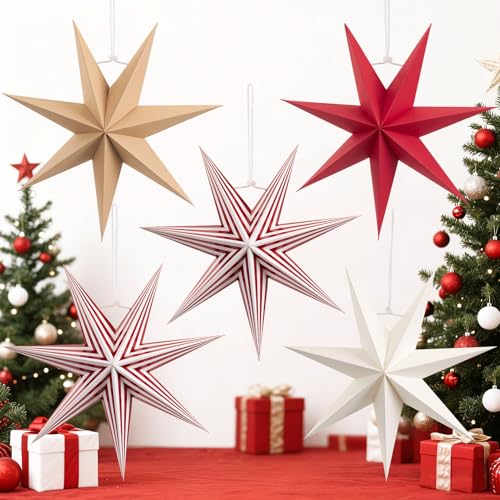 7-Pointed Paper Star Lanterns - Red & White Christmas Hanging Decorations, 12 Inch, 5 Pack - Variation of THIS listing