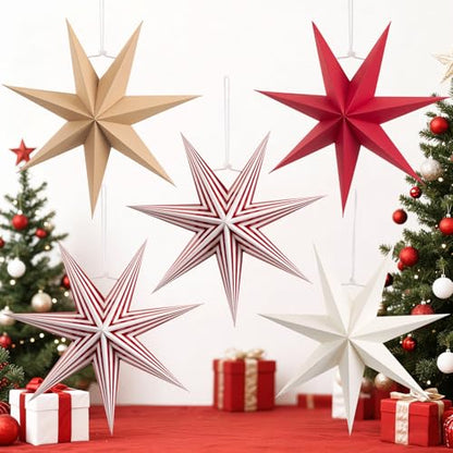 7-Pointed Paper Star Lanterns - Red & White Christmas Hanging Decorations, 12 Inch, 5 Pack - Variation of THIS listing