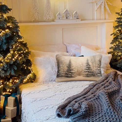 Christmas Tree Winter Scene Pillow Cover 20x12 Rustic Holiday Decor Snowy Forest Lumbar
