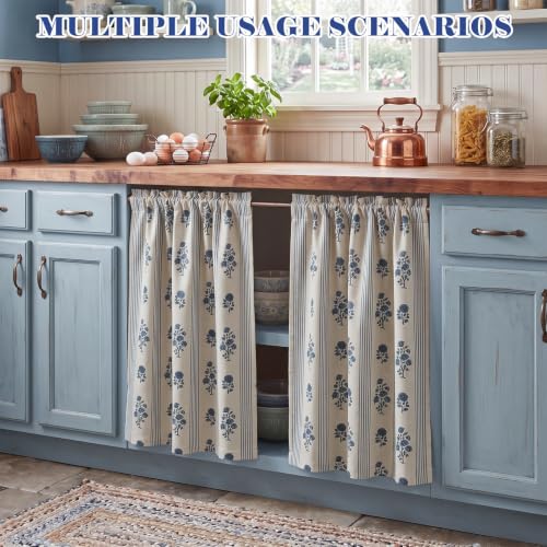 Blue Floral Linen Kitchen Tier Curtain Set - Farmhouse Decor, 24x36 Inches, Ruffled Hem