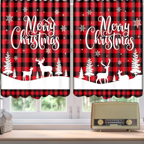 Christmas Kitchen Curtains Set - Red Black Buffalo Plaid Window Decor, 6 Pieces Variation 6