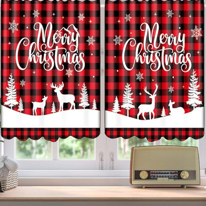 Christmas Kitchen Curtains Set - Red Black Buffalo Plaid Window Decor, 6 Pieces Variation 6