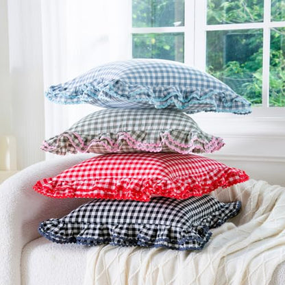 Green White Gingham Pillow Sham Set with Ruffle and Ric-Rac Trim - 24x24 Inch