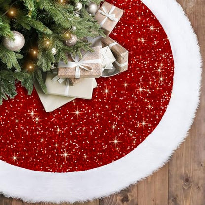 Dremisland Sequin Christmas Tree Skirt 36 Inch Red Faux Fur Border - Holiday Decor