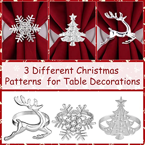 Silver Christmas Napkin Ring Set with Trees Elk Snowflake - 12 Pieces