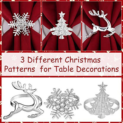 Silver Christmas Napkin Ring Set with Trees Elk Snowflake - 12 Pieces