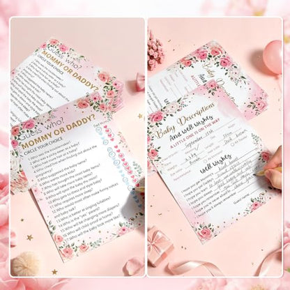 Baby Shower Games Set - 8-In-1 Floral Theme Party Activity Kit