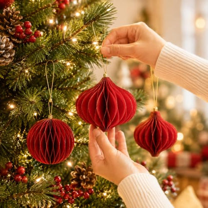 Red Honeycomb Paper Christmas Ornaments - Assorted Ball & Teardrop Shapes - 3 Pack