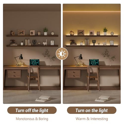 Walnut 60 Inch LED Floating Wall Shelves Set of 2 - Rustic Wooden Shelves for Living Room Bedroom Kitchen Gaming Room