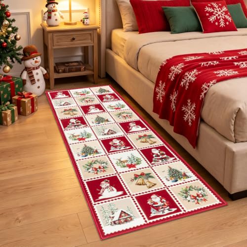 Christmas Red Non Slip Washable Runner Rug 2x6 ft - Holiday Home Decor