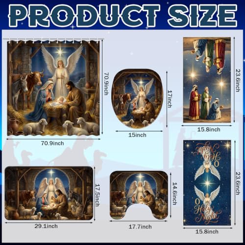 Christmas Nativity Shower Curtain Set with Rug Bathroom Accessories - Angel Design