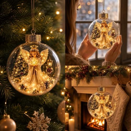 12pcs Glowing Christmas Ornaments Mini Gold Light-Up Holiday Decor with Scene Inside