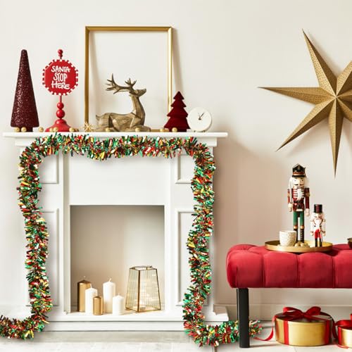 33FT Christmas Tinsel Garland - Red, Green & Gold for Tree Decor