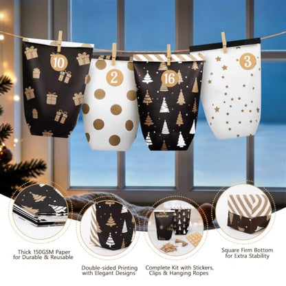 Christmas Advent Calendar Gift Bags Set with 24 Number Stickers & Wooden Clips