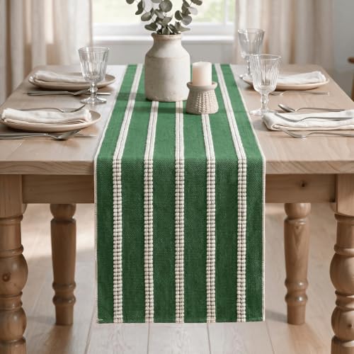 Green Farmhouse Dashed Stripe Table Runner 12x36 Inch - Holiday Christmas Decor
