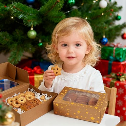 Christmas Brown Holiday Cookie Boxes with Gold Star & Viewing Window - 24 Pack, 9x6x3 Inches