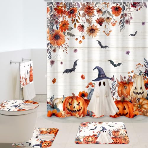 Halloween Floral Shower Curtain Set with Ghosts Pumpkins & Flowers - Tiamon