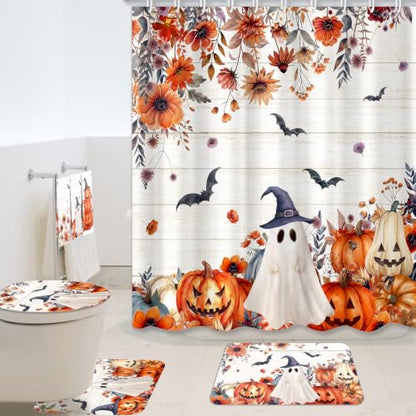 Halloween Floral Shower Curtain Set with Ghosts Pumpkins & Flowers - Tiamon