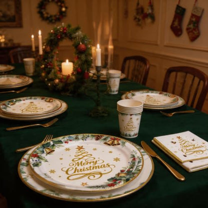 120-Piece Gold Christmas Party Tableware Set for 20 Guests - Disposable Dinnerware Kit