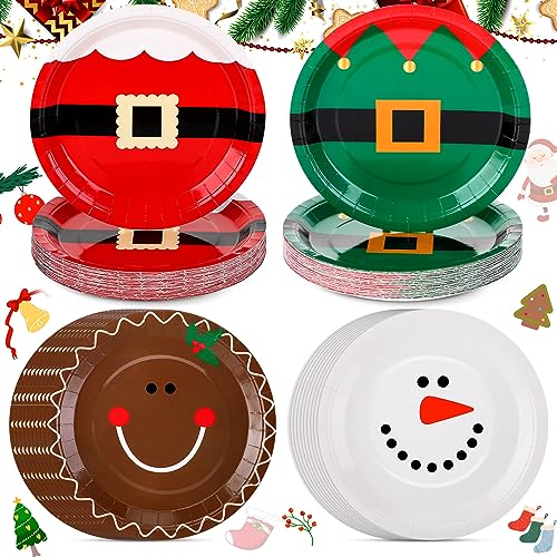 100 Pcs Christmas Paper Plates 9 Inch Santa Gingerbread Snowman - Novel