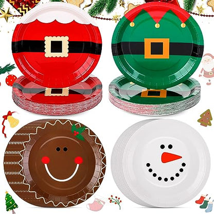 100 Pcs Christmas Paper Plates 9 Inch Santa Gingerbread Snowman - Novel