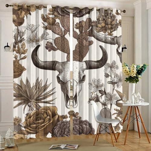Retro Western Bull Skull Thermal Insulated Grommet Curtains - 21W x 63L Set of 2