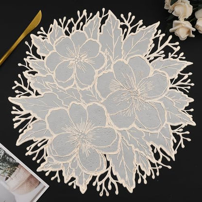 Gold Placemats Set of 6 - Pressed Plum Flower Design, 15.7 Inch
