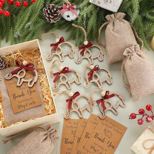 Thyle 24 Set Friendship Elephant Ornaments Wooden Sisterhood Elephant Decor for Women with 24 Cards 24 Burlap Bags Thank You for Being in My Circle for Best Friend Christmas Birthday Gift(Rustic)