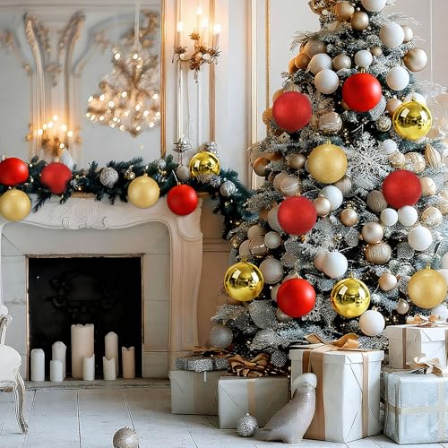Large Christmas Ball Ornaments Set - Red & Gold 4 Inch, 12 Pack - Shatterproof & Textured