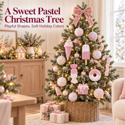 Pink Pastel Christmas Ornaments Set 15PCS Candy Donut & Ice Cream - Medium Variation