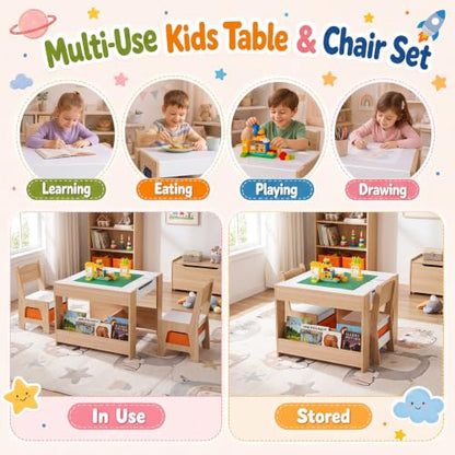 Costzon 4 in 1 Kids Activity Table and Chairs Set - Natural & Green, Reversible with Building Blocks, Storage