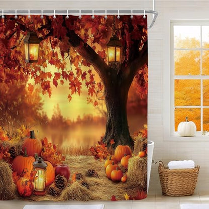 Fall Pumpkins and Maple Leaf Shower Curtain - Autumn Farmhouse Bathroom Decor, 72x72 Inch Waterproof Polyester with 12 Hooks