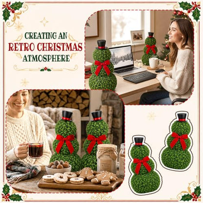 Christmas Snowman Topiary Decor Set - 2 Artificial Holiday Plants, 11.8"