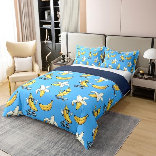 Queen Size Cotton Duvet Cover Set - Yellow Banana & Bright Blue Tropical Fruits, 3 Piece with Pillowcases, Variation: Blue Yellow / Queen