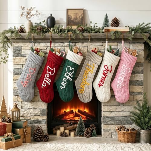 Pink Personalized Christmas Stockings with Name Customization, 18 Inch Knit Holiday Decor