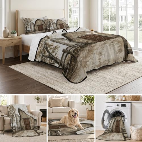 Brown Farmhouse Wood Barn Quilts Twin XL Comforter Set - Rustic Vintage Bed Bedding