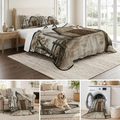 Brown Farmhouse Wood Barn Quilts Twin XL Comforter Set - Rustic Vintage Bed Bedding