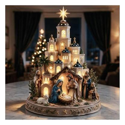Nativity Scene Light Tower Set with Holy Family & Star Top - Christmas Tabletop Decor